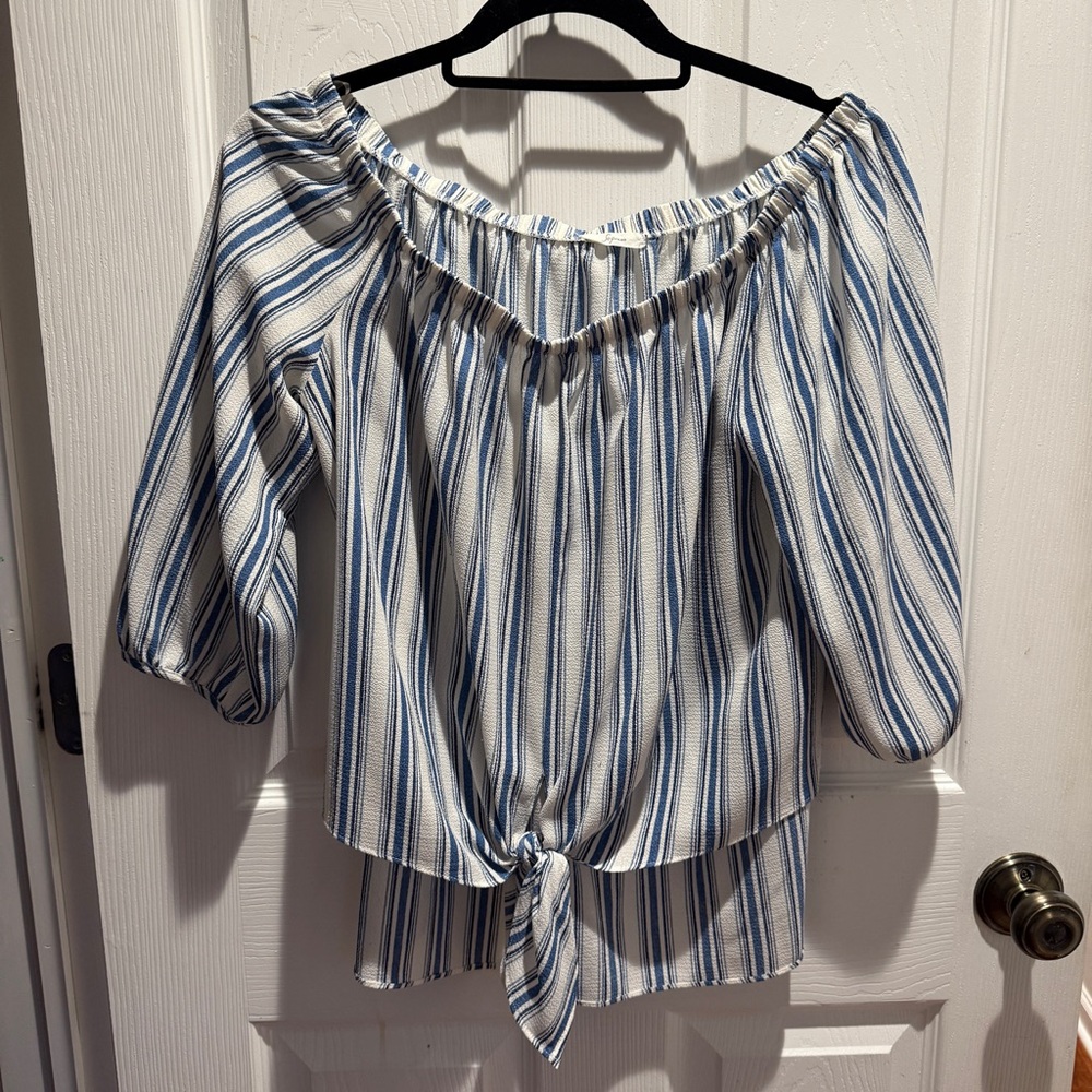 Soprano Blue and White Striped Off-Shoulder Blouse